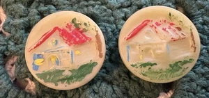 VINTAGE   BUTTONS  -  PRIMITIVE   Painted   HIGH   Relief   COTTAGE   -  P-270 - Picture 1 of 4