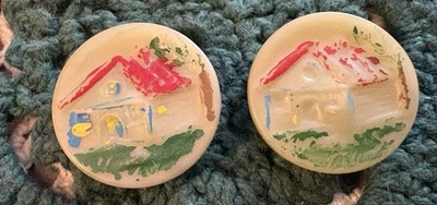 VINTAGE   BUTTONS  -  PRIMITIVE   Painted   HIGH   Relief   COTTAGE   -  P-270 - Image 1 of 4