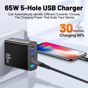 65W Fast Quick Charge 5 Multi-Port USB Hub Mains UK Plug Adapter Wall Charger - Picture 1 of 9