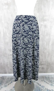 Vintage 90s Ralph Lauren Navy Blue Ivory Floral Print 100% Silk Midi Skirt Sz 6 - Picture 1 of 4