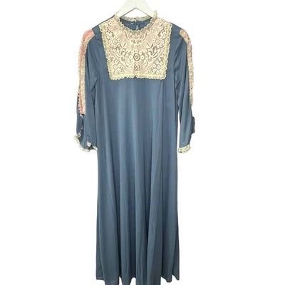 Vintage 60s Gilead Nylon Nightgown Lace High Neck Key Hole Size S Blue 56" Long  - Image 1 of 4