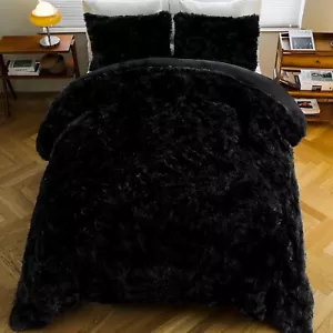 ULTRA SOFT & PLUSH BLACK FAUX LONG SHAGGY FUR LUXURY LARGE BLANKET COMFORTER SET - Picture 1 of 5