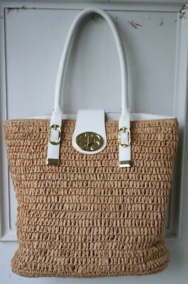 Bolso de Mano Emma Fox Marrón Paja Natural XL Cuero Blanco Borde Dorado Herrajes Usado en Excelente Condición Foto 1 de 4