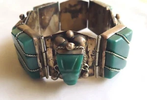 Sterling Silver Carved Chalcedony Stone Panel Bracelet 6.5”  72 grams - Picture 1 of 7