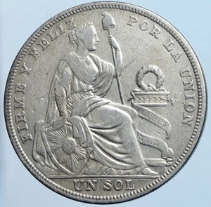 1924 PERU South America 1 SOL Antique BIG Original Silver Peruvian Coin i114549 - Picture 1 of 2