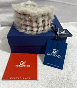 Swarovski Faux fur Bracelet Cuff Orange Crystals Silver Metal Chain New NIB - Picture 1 of 6