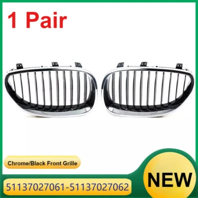 1Pair Chrome/Black Front Grille For 2004-2009 BMW 5-Series E60 E61， - Image 1 of 4