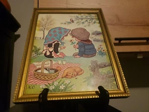 VINTAGE K.C. DAC NY 1973 Boy and Girl Picnic Framed Print 9x12 - Picture 1 of 7