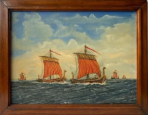 Ölbild Maritim Wikinger Schiffe auf dem Meer HR Monogramm 39 x 50 cm - Picture 1 of 9