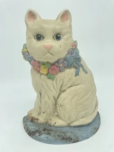 Antik Vintage Gusseisen Türstopper weiße Katze Kätzchen mit Bogen Originallack GUC - Bild 1 von 11