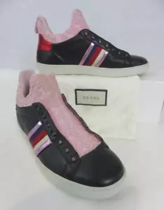 Gucci Miro Black Sneakers W/ Multicolored Stripes Soft High Top Pink Lace SZ 7.5 - Picture 1 of 6