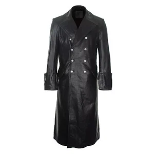 German Officer WW2 Repro Black Real Leather Overcoat Lined Double Breast Trench - Picture 1 of 7
