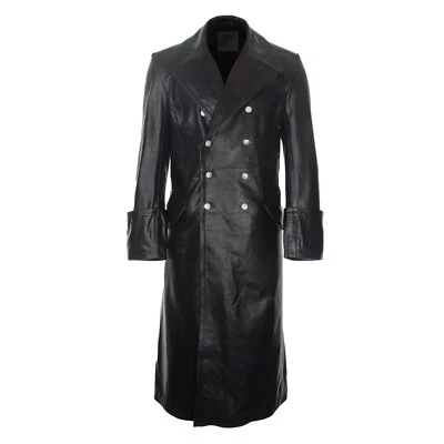 German Officer WW2 Repro Black Real Leather Overcoat Lined Double Breast Trench - Image 1 of 4