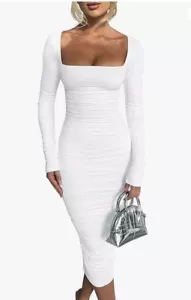 Abito midi bianco bodycon maniche lunghe increspato scollo quadrato party club taglia XL. (G - Foto 1 di 6