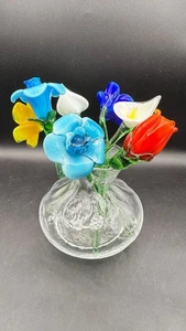 Murano Style Set Of 8 Art Glass Flowers Bouquet Long Stem Hand Blown 15”-19" VTG - Picture 1 of 20