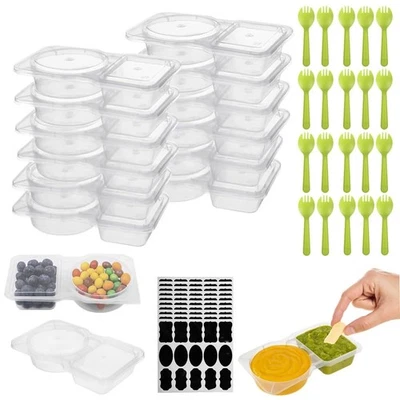 100 juegos de contenedores de condimentos, contenedores de aperitivos de doble compartimento, incluye... Foto 1 de 4