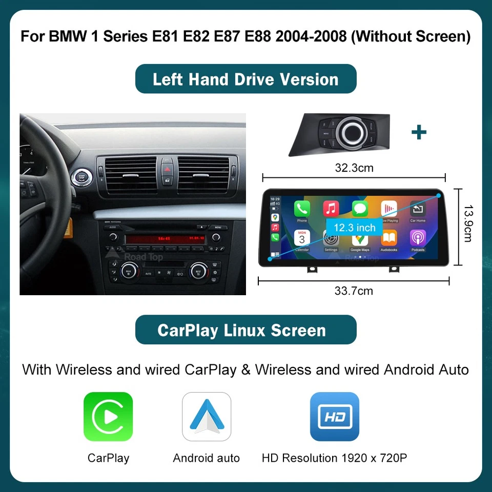 12.3" Wirless CarPlay Android Auto For Retrofit BMW 1 Series E81 E82 E87 E88 - Bild 1 von 4