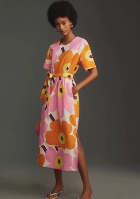 Marimekko Kemut Unikko Poplin Midi Dress Anthropologie Cotton Floral 2 (32) NEW - Image 1 of 4