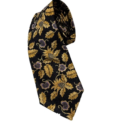 IKE Behar 男式黑色金色 Lavendar 花卉 100% 真丝领带美国豪华声明 — 第 1/4 张图片