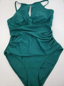 Traje de baño ELLEN TRACY cuello alto ojo de cerradura de una pieza verde esmeralda acanalado talla 14 - Imagen 1 de 5