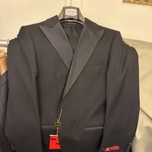 MANTONI 100% Wool 1-Button Satin Peak Lapel Solid Black Men's Tuxedo Size 38R - Picture 1 of 10