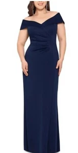 Abito da sera Xscape XC187 raccolto spalle scoperte nuovo con etichetta taglia 16 blu navy - Foto 1 di 5