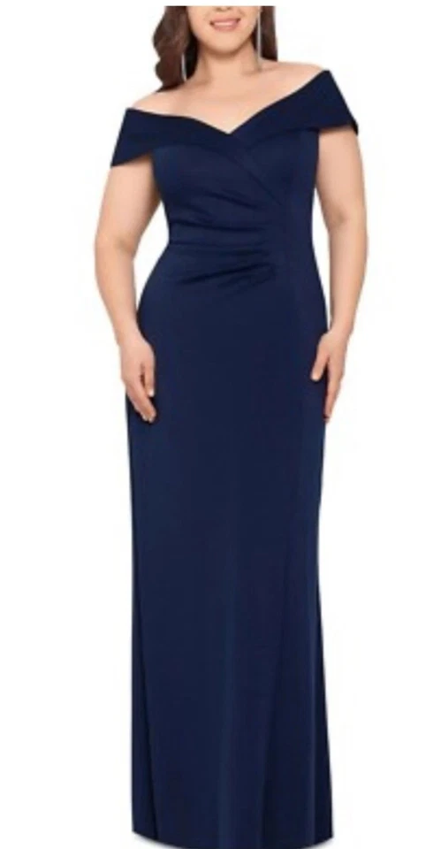 Xscape Womens Navy off The Shoulder Full-length Fit Flare Evening Dress 16