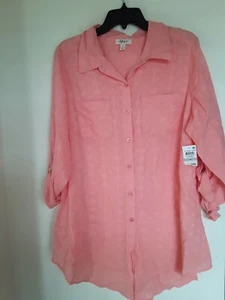 Style & Co. Camicia maniche Roll Tab donna 1X tunica top corallo nuova - Foto 1 di 3