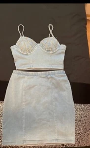 Denim Rhinestone crop top and skirt set Medium - Picture 1 of 5