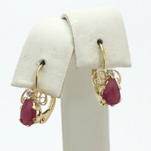 14K Gold Ruby July Birthstone Diamond Filigree Bow Leverback Earrings Petite