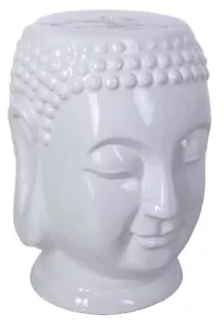 Keramik Hocker Buddha Weiss Yoga Studio Sitzhocker Buddhakopf Feng Shui Figur - Bild 1 von 5