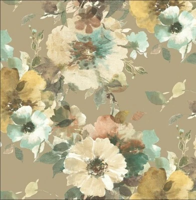 Wallpaper Green Aqua Peach Brown Yellow Floral Trellis on Taupe 56 sq ft Bolt - Image 1 of 2