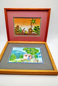 2er Set signiert handbemalt haitianische Volkskunst gerahmt Essen und Wasser sammeln 8x10 - Bild 1 von 21