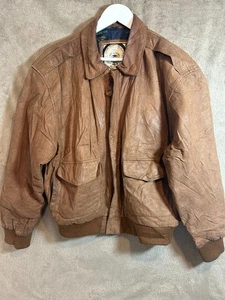 Vintage Paris Sport Club Leather Bomber Jacket Medium Brown Quilted Lining Retro - Picture 1 of 21