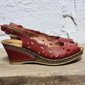 Patrizia by Spring Step Red Wedge Sandals Peep Toe Laser Cut Slingback Women 9 - Picture 1 of 10