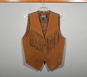 Vintage MPW braune Leder Fransen Western Cowgirl Druckknopf Cropped Weste Gr. M - Bild 1 von 3