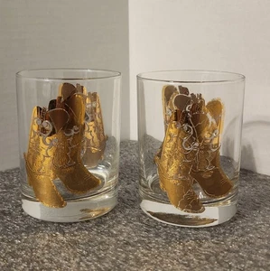 Culver 22k Gold Cowboy Western Boot Lowball Old Fashioned Brille 2er Set - Bild 1 von 16