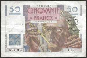 Francia - Billete De Banco De 50 Francos Le Verrier 02-10-1947 TTB+ ! F.20.09 - Imagen 1 de 2