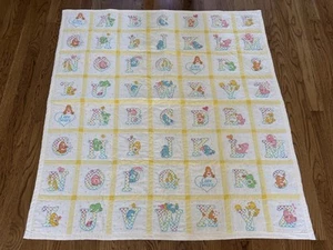 VINTAGE CARE BEARS ALPHABET BABY TODDLER CRIB BED QUILT COMFORTER 47x42.5 - Picture 1 of 7