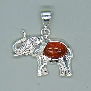 925 Sterling Silver Cognac Amber Elephant Pendant with Silver Chain - Picture 1 of 6