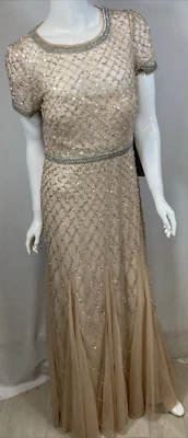 NWT Adrianna Papell Women's Champagne Fully Beaded Evening Gown Dress, Size 10 - Image 1 of 4