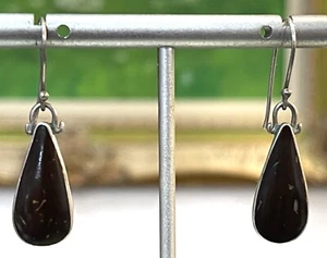 Sterling Silver 925 Brown Wood Teardrop Dangle Drop Hook Earrings - Picture 1 of 6