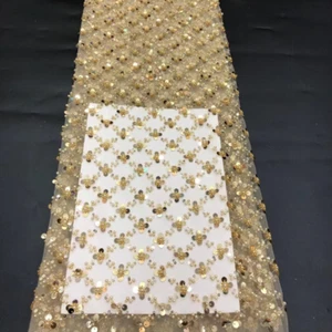 5yd Sequin Mesh Fabric Cross Bead African Lace Tulle Net for Nigerian Dress DIY - Picture 1 of 23