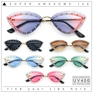 Womens Bling Rhinestone Rimless Cat Eye Metal Rim Luxury Sunglasses - Picture 1 of 39