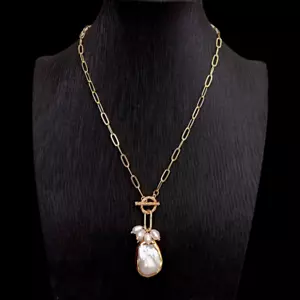 18" Keshi Pearl Pendant Gold Plated Chain Necklace Simple Gift Natural Pearl - Picture 1 of 6