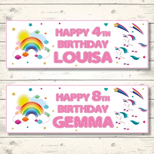 2 BANDERAS DE CUMPLEAÑOS ARCO IRIS Y UNICORNIO PERSONALIZADAS 800 x 297mm - CUALQUIER NOMBRE/CUALQUIER EDAD Foto 1 de 1