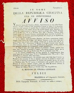 3826-REPUBBLICA CISALPINA,AVVISO,LIQUIDAZIONE PER TRASPORTI ALLE TRUPPE FRANCESI - Imagen 1 de 1