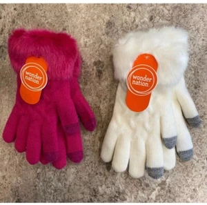 Wonder Nation Girls 2 Pair Fur Lined Gloves Pink & White Super Warm NWT - Picture 1 of 5