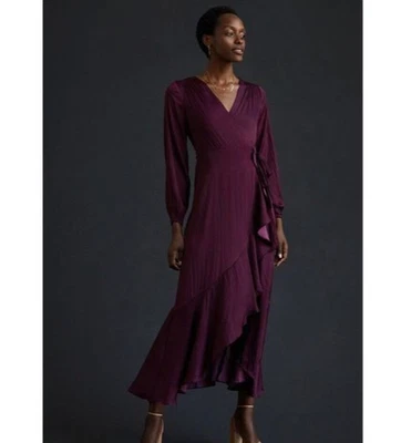 Anthropologie Maeve 紫色缎面长袖裹身 V 领长裙 XL 码 — 第 1/4 张图片