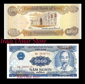 1,000 New Iraqi Dinar & Free 5,000 Vietnam Dong - New Uncirculated - Picture 1 of 5
